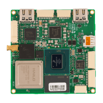 Jupiter nano Green low-latency single-board computer with various electronic components and connectors.