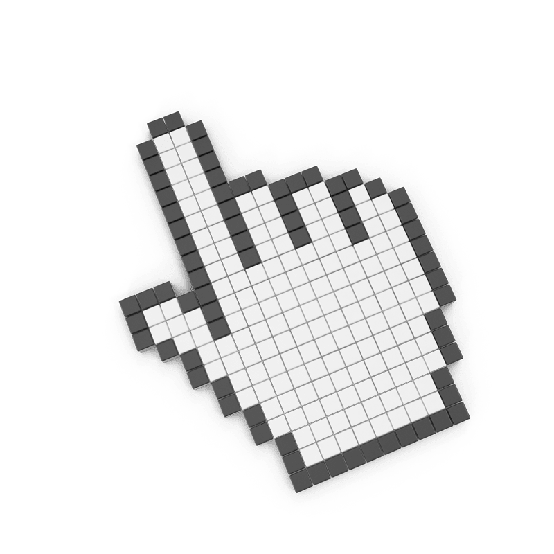 Pixelated white hand cursor icon with its index finger pointing upward, outlined in black, against a green background.