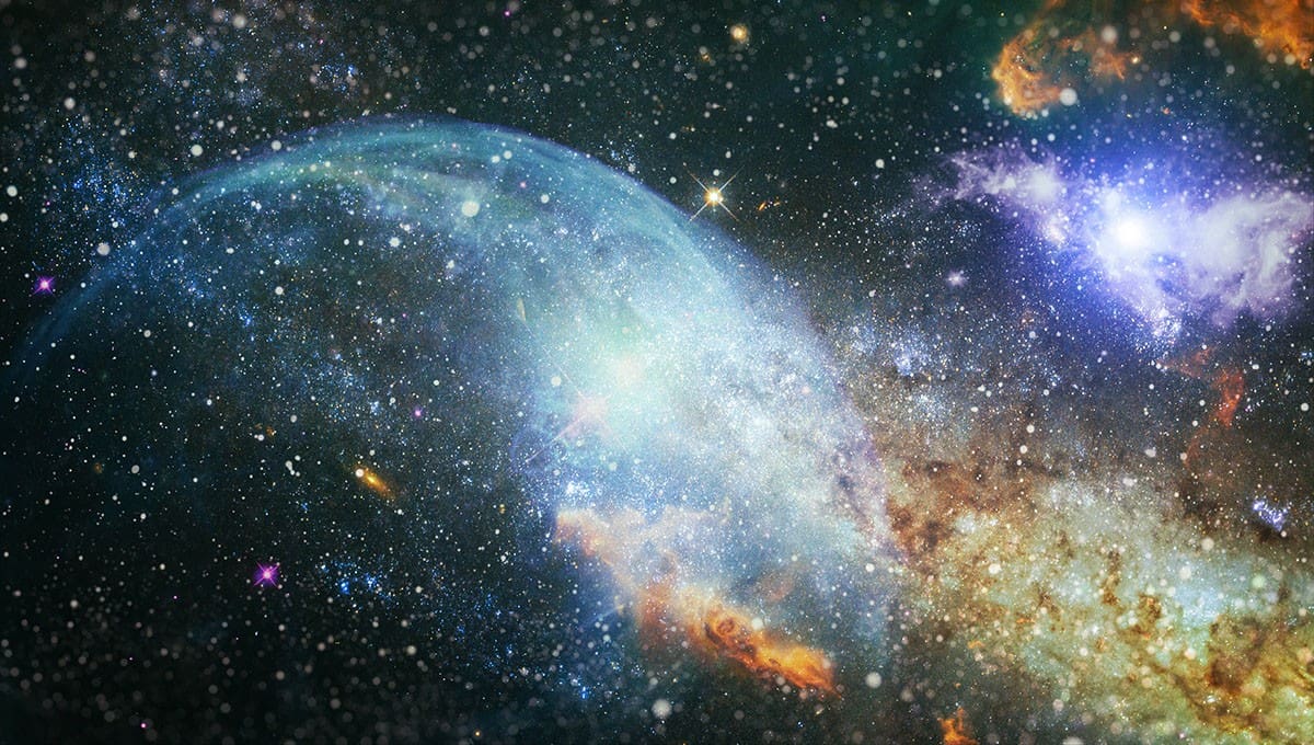 A colorful cosmic scene showing a large, luminous nebula surrounded by countless stars and dust clouds in space.