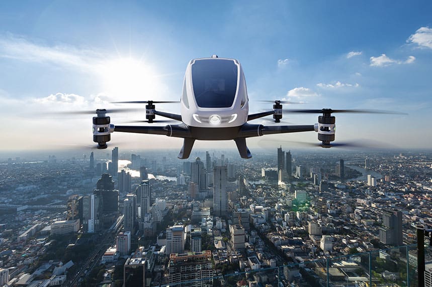 Advanced air mobility aircraft overlooking a city from Maris-Tech