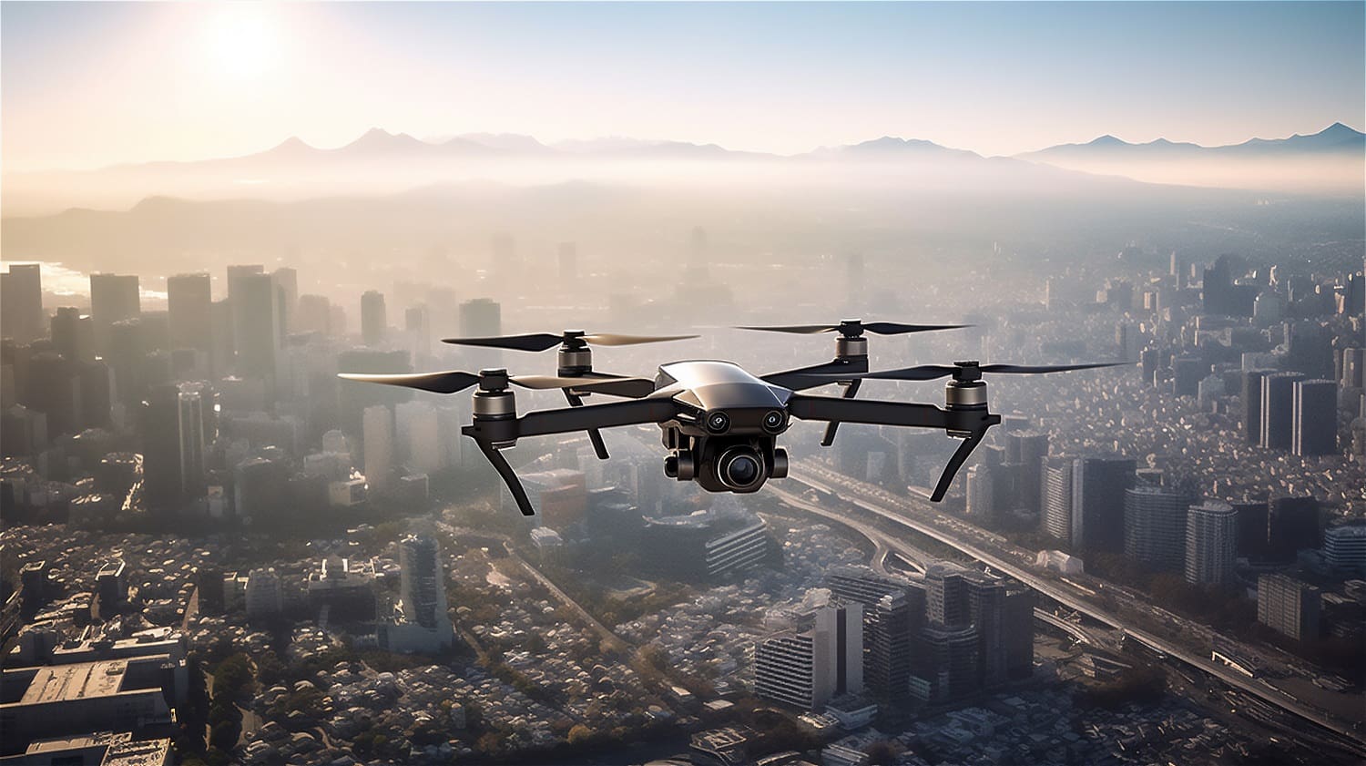 A drone flying over an urban cityscape with skyscrapers and mountains in the distance under a clear sky at sunrise.