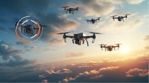 A fleet of drones, equipped with cutting-edge Counter-UAV Technology, flying against a backdrop of a cloudy sunset sky.