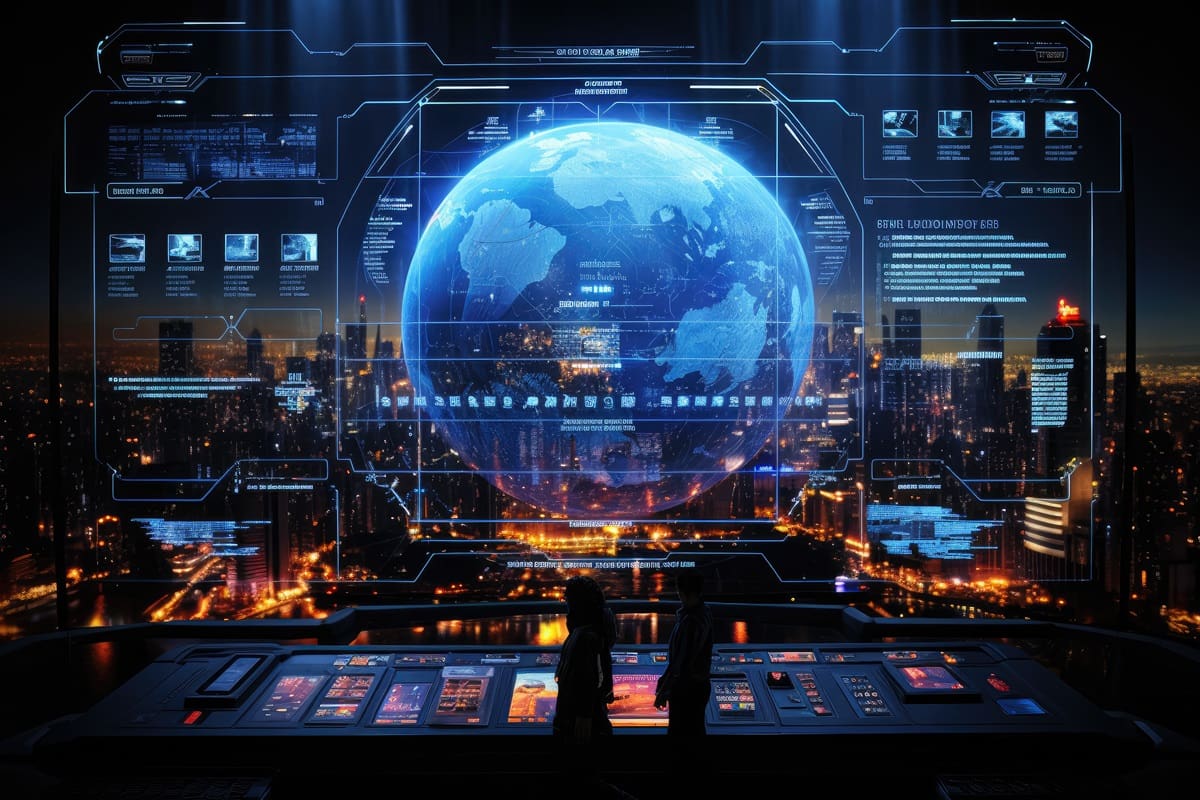 Two people stand in front of a large futuristic control panel displaying a digital world map with various data points, set against a backdrop of a city at night.