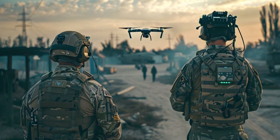 Maris depicts soldiers using a drone to improve situational awareness in the military.