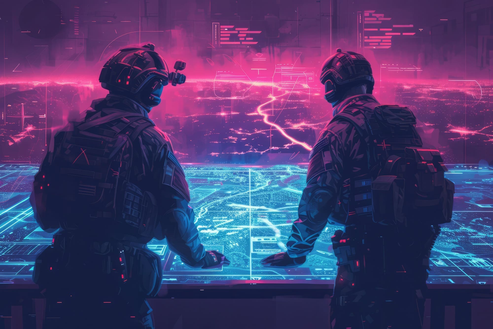 Maris -Tech depicts two soldiers using technology and intelligence gathering in the military.