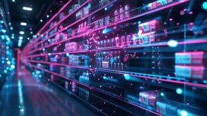 A futuristic grocery store aisle is illuminated with neon pink and blue lights, showcasing shelves stocked with various products. Digital effects and floating particles enhance the high-tech atmosphere, almost as if you're stepping into a defense-grade streaming interface.