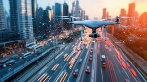 Drone equipped with video content analysis is hovering over a highway brought to you by Maris-Tech. 