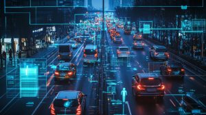 Futuristic city street with heavy traffic and digital overlays, featuring data analysis visuals and interface elements around vehicles.