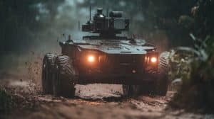 A rugged military vehicle with mounted equipment drives through a muddy, rain-soaked terrain, its headlights illuminating the path.