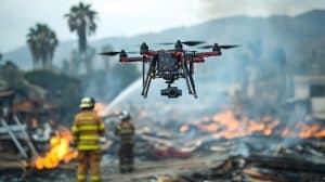 A drone surveys a burning landscape with firefighters in the background managing the blaze.