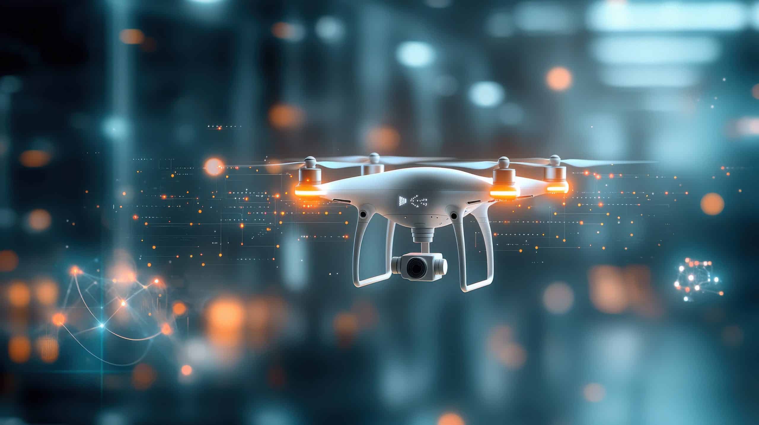 A white drone with a camera hovers in a blurred blue and orange background with digital elements.