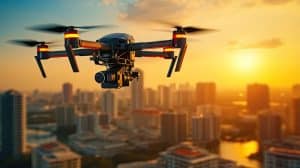 Drone flying over a cityscape during sunset, with buildings and a river visible in the background.