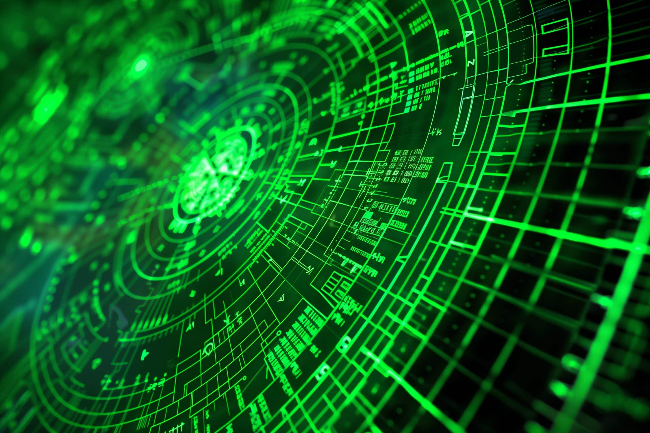 A digital interface displaying glowing green circular, grid, and circuit patterns on a dark background, resembling a futuristic or technological design.