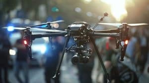 A drone equipped with edge video intelligence hovers in the air, illuminated by sunlight, with a blurred background of people and vehicles.