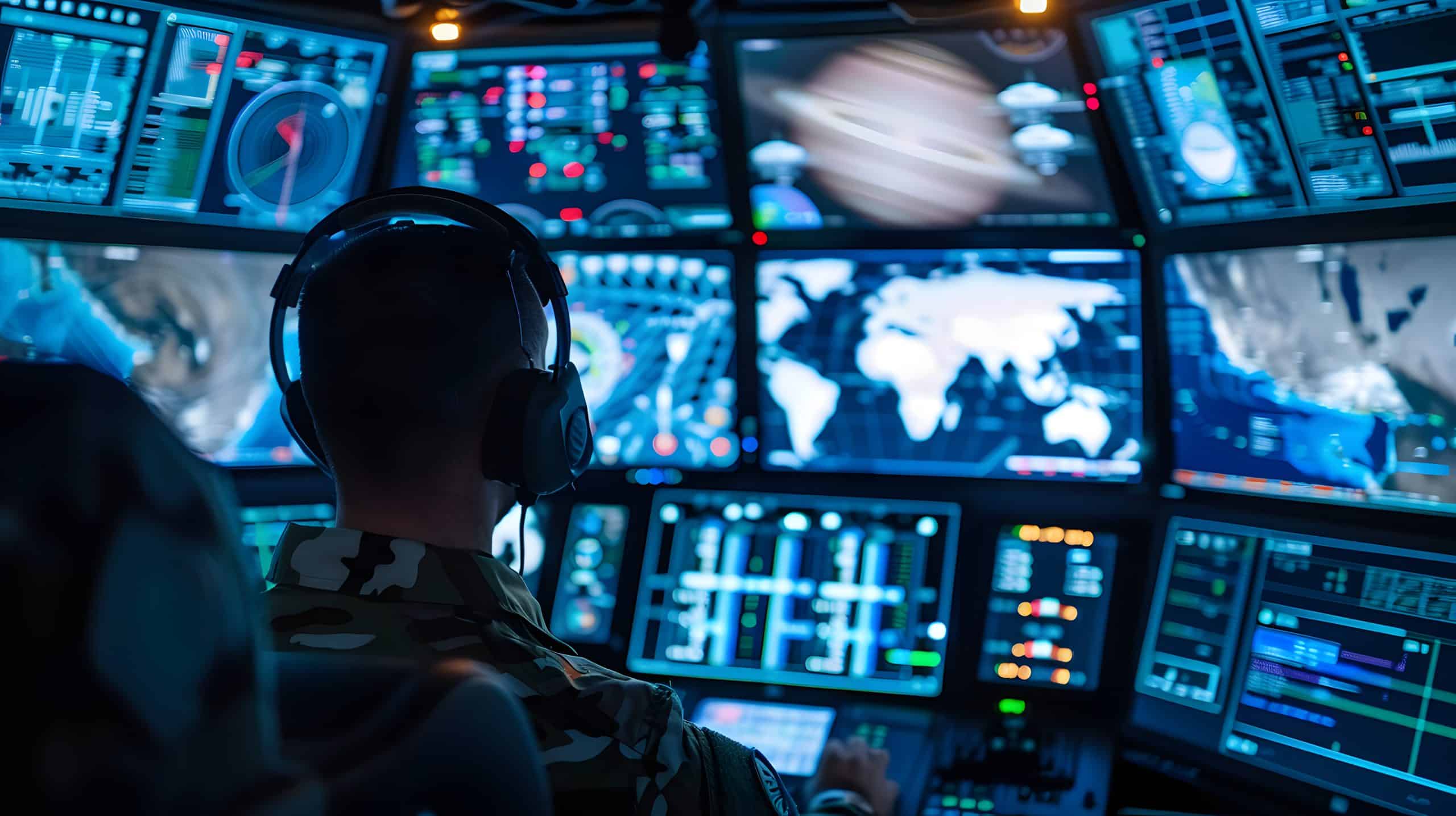 A person in military attire sits at a control station with multiple screens displaying maps, charts, and data.