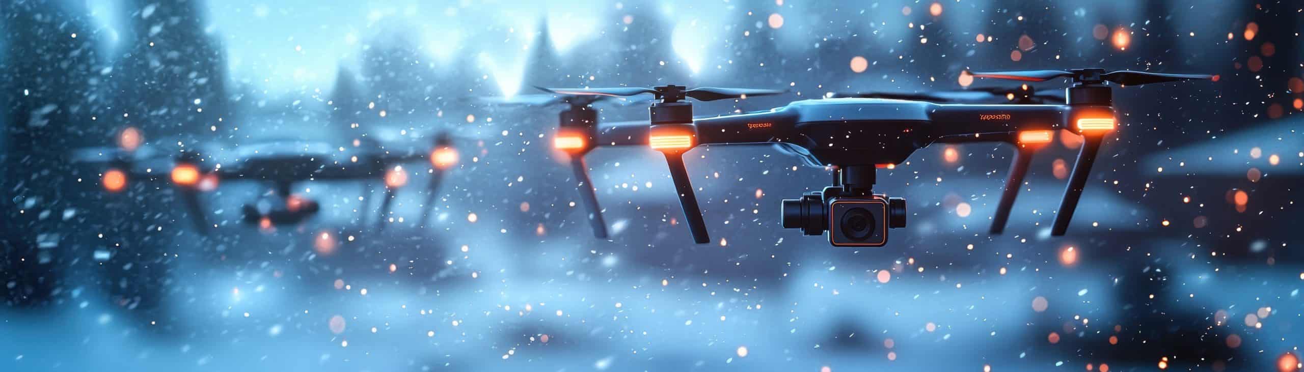 Two miniature UAVs with cameras hover in a snowy landscape during twilight, surrounded by softly falling snowflakes and a blurred background of trees.