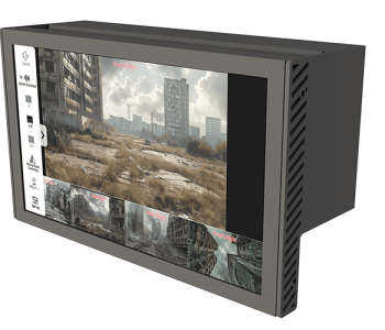 A rectangular monitor with low latency displays images of a post-apocalyptic urban landscape, complete with overgrown vegetation and damaged buildings.